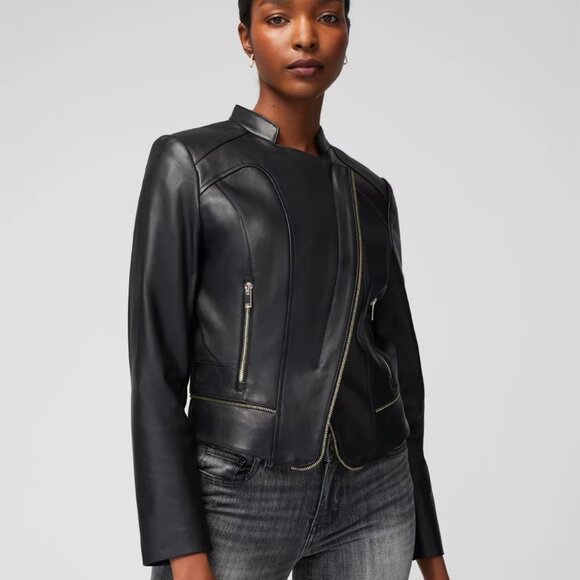 WHBM $500 GENUINE LEATHER Zipped Moto Jacket Black Soft 2 6 8 10 14 - Picture 2 of 6